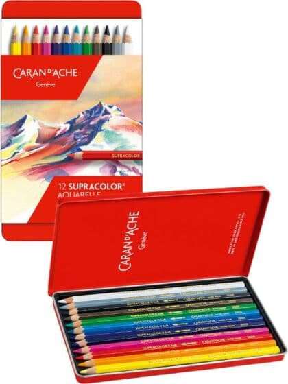 Caran d'Ache Supracolor fargeblyanter - 12 akvarellfarger i metallskrin