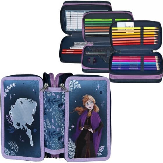 Disney Frozen Anna og Elsa - trippelt pennal med fargeblyanter og skrivesaker