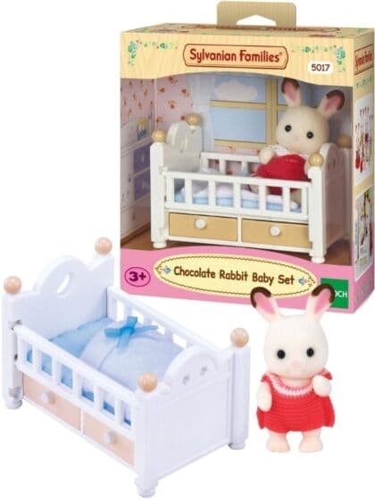 Sett med baby Sjokoladekanin og barneseng