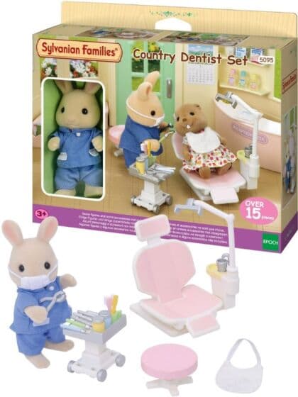 Sylvanian Families Landsby-tannlege figursett med kaninfigur og tilbehør - 15 deler