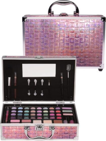 Casuelle Holografisk sminkekoffert i rosa - med speil i lokket