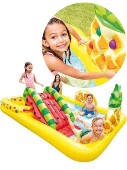 Intex Fun'n Fruity Play lekesenter - oppblåsbart basseng med sklie og ringspill - 243 x 182 x 60 cm