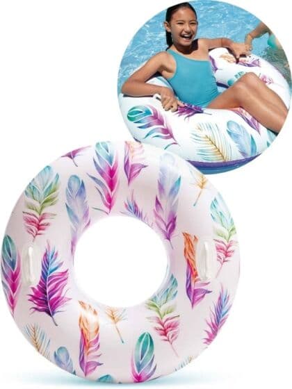 Intex Lush Tropical Transparent Tube - badering 97 cm med håndtak - fargerike fjær