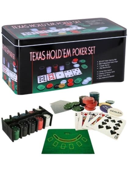 Poker‑sett i tin – 200 chips og kort for klassisk kortspill