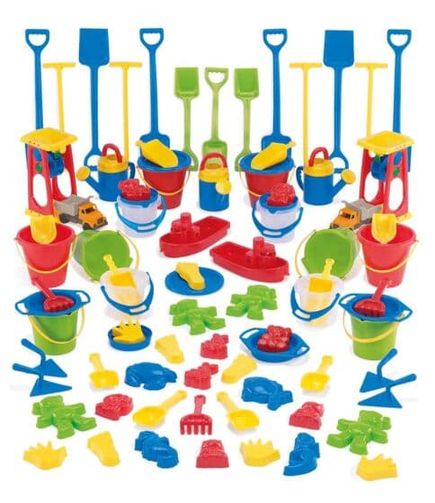 Dantoy stort sett med sandleker - bøtter, spader, former - 84 deler