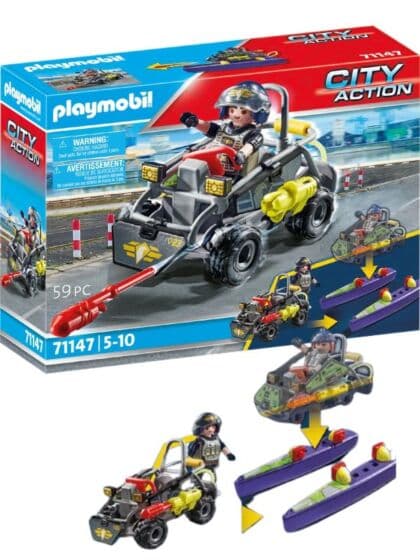 Playmobil City Action: Taktisk politi-kjøretøy for land og vann – 2-i-1 quad og båt