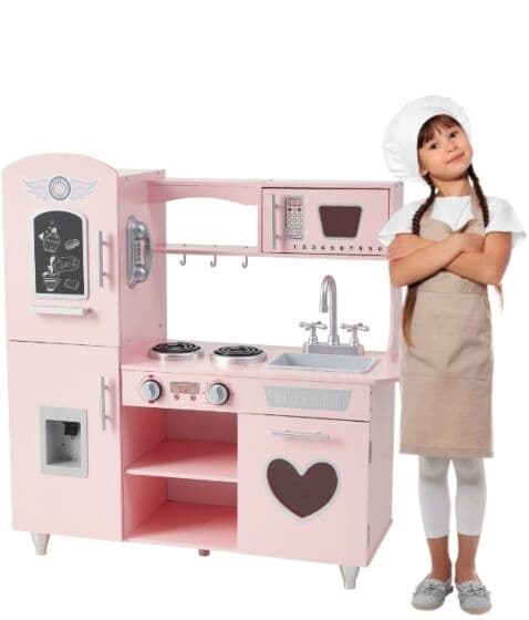 EduFun retro lekekjøkken i tre - rosa med grå detaljer