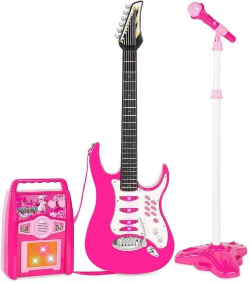 Elektrisk gitar med mikrofon og forsterker med MP3-tilkobling - rosa