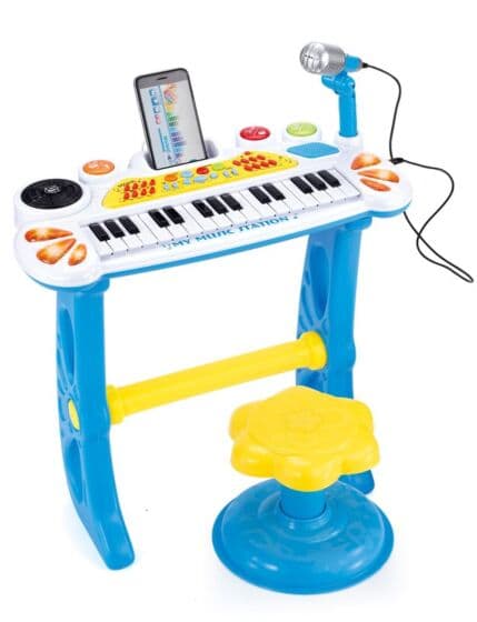 Keyboard med mikrofon og krakk - morsomme lyder og tangenter - blå og hvit