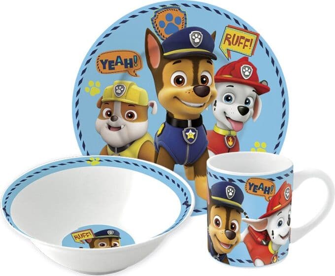 PAW Patrol servise - frokostsett i keramikk - tallerken, skål og kopp