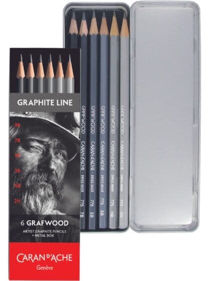 Caran d'Ache Grafwood blyanter i metallskrin - 6 tegneblyanter