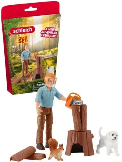 Schleich figursett - Skogsarbeider med hund og vedkubber 81475