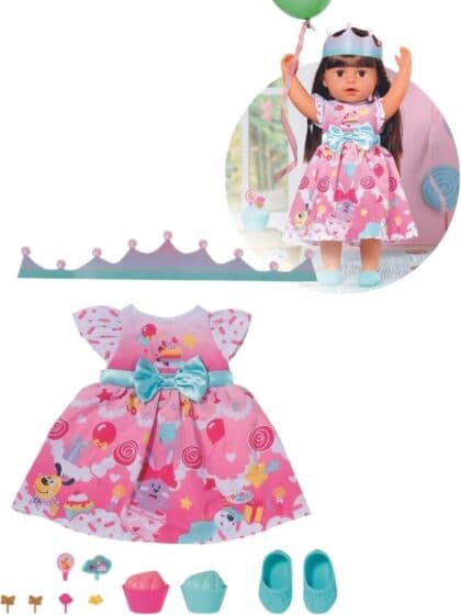 BABY Born Deluxe Festklær - Kjole med bursdagsmotiv til dukke 43 cm