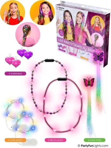PartyFun Lights LED Party Jewels Duo Set – Lysende smykker og hårtilbehør
