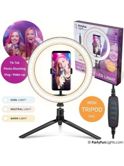 PartyFun Lights Selfie Ring LED Light 26 cm – med telefonholder og mini tripod
