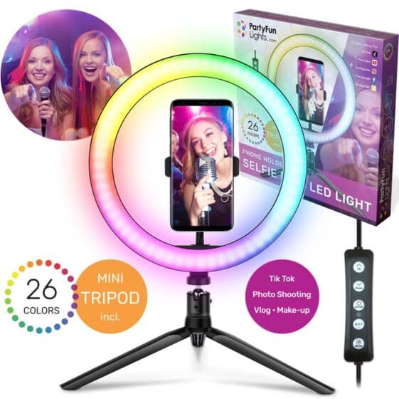 PartyFun Lights RGB Selfiering med LED-lys - mini-tripod og telefonstativ inkludert - 26 cm