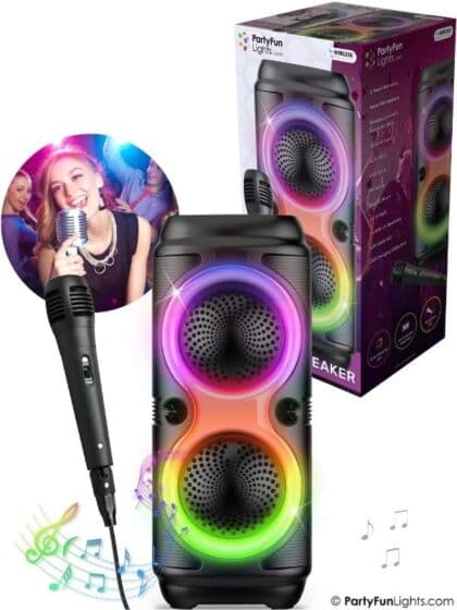 PartyFun Lights Karaoke Bluetooth høyttaler med mikrofon og LED-lys – svart