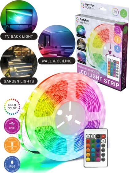 PartyFun Lights Lysslenke med flerfarget Led-lys og fjernkontroll - 5 meter lang