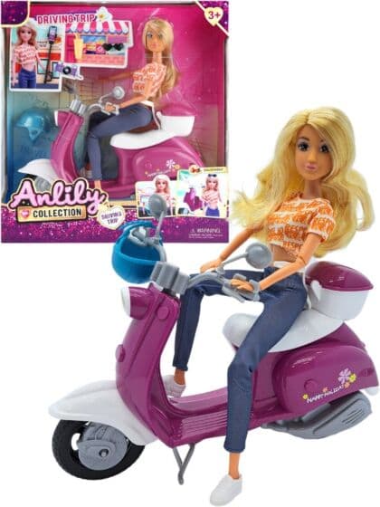 Anlily blond dukke med rosa scooter og tilbehør - 29 cm