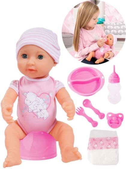 Bayer Design Piccolina babydukke med flaske, potte, bleie, servise og smokk - 40 cm