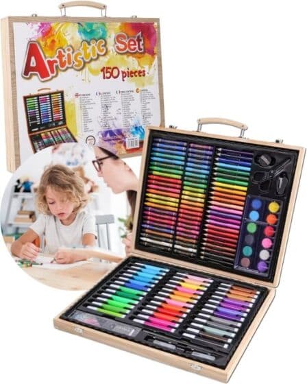 Tegnekoffert i tre med 150 deler til tegning, maling og kreativ hobby