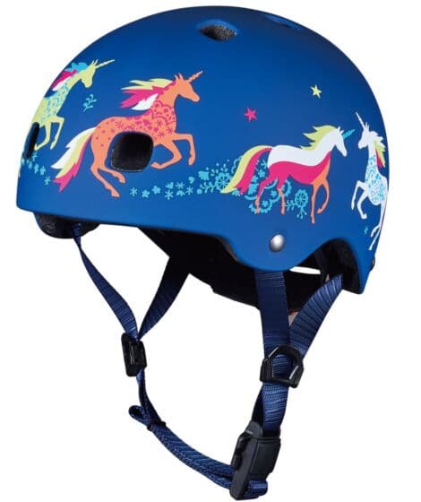 Micro PC Enhjørning Hjelm M (52-56 cm) - justerbar sykkelhjelm, blå med LED-lys