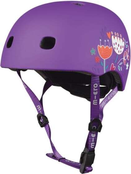 Micro PC Floral Purple Hjelm M (52-56cm) - justerbar sykkelhjelm, lilla med LED-lys