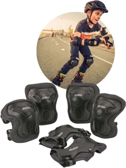 Alert beskyttelsesutstyr til knær, albuer og hender - 8-10 år - 6 deler- sort