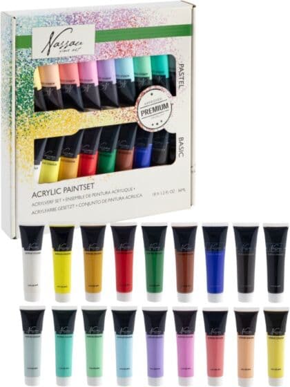 Nassau Fine Art Akrylmaling i eske - 18 tuber med basic- og pastellfarger