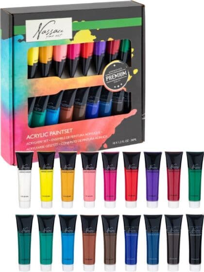 Nassau Fine Art Akrylmaling i eske - 18 tuber maling
