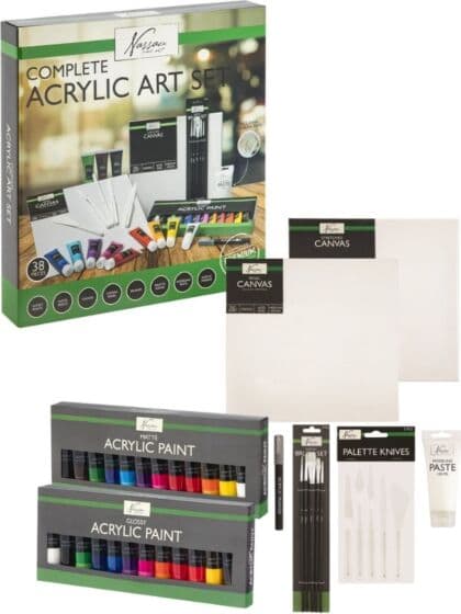 Nassau Fine Art komplett akrylsett med maling, lerret og tilbehør - 38 deler