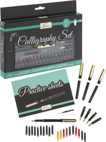 Nassau Fine Art kalligrafi samlesett med penner og skriveblokk