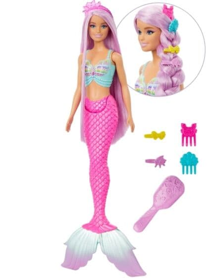 Barbie Havfrue-dukke med ekstra langt, lysrosa hår og tilbehør - rosa hale