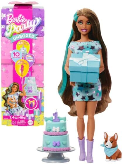 Barbie Party Pet Birthday dukke med 10 overraskelser - blå