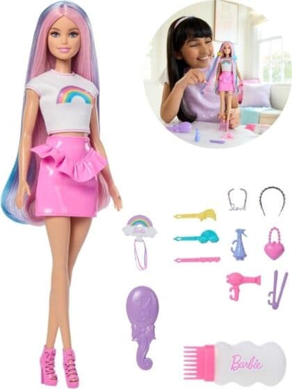 Barbie Rainbow Sparkle Hair dukke med langt hår og tilbehør
