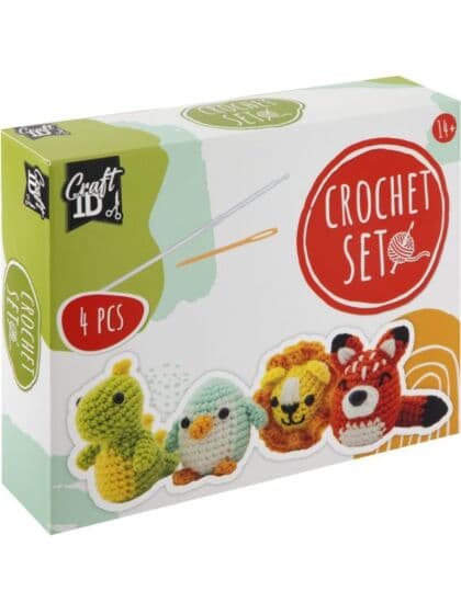 Amigurumi heklesett med 4 små dyr - Løve, Pingvin, Dinosaur og Rev