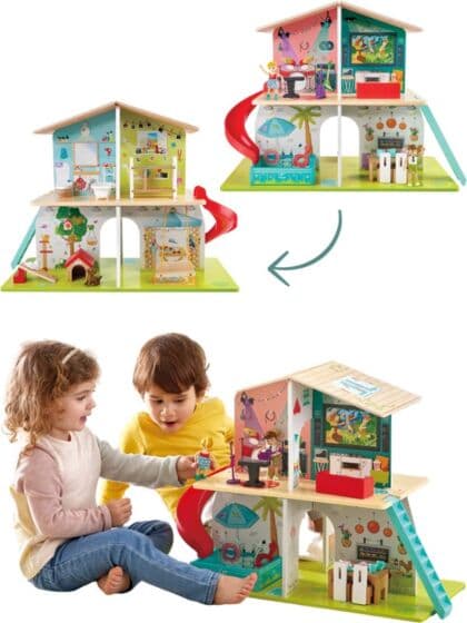 Hape Musical Doll House - dukkehus med 2 etasjer og 4 rom - med interaktive punkter for lys og lyd