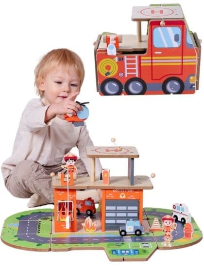EduFun Lekesett 2-i-1 brannbil og brannstasjon i tre - 12 deler