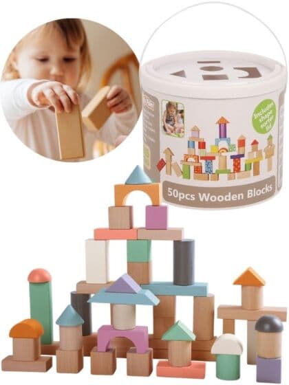 EduFun byggeklosser i tre - 50 treklosser i putteboks