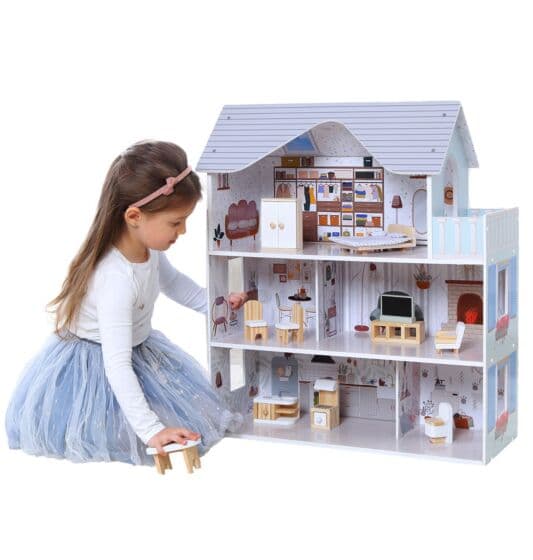 EduFun dukkehus i tre - med 3 etasjer og balkong - møbler og tilbehør er inkludert