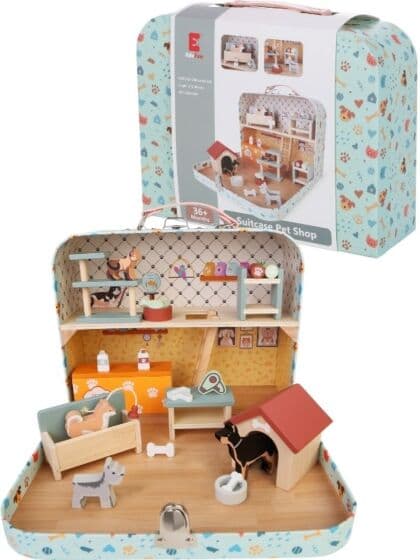 EduFun Lekesett i koffert - dyrebutikk med tilbehør i tre
