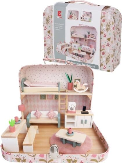 EduFun Dukkehus i koffert med tilbehør i tre - 22 deler