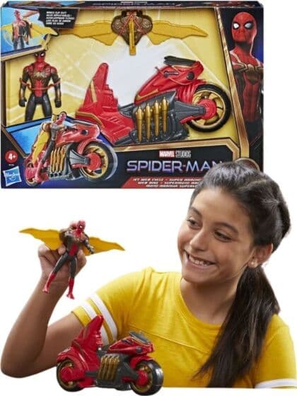 SpiderMan No Way Home Jet Web Cycle - motorsykkel og SpiderMan-figur med vinger - 15 cm