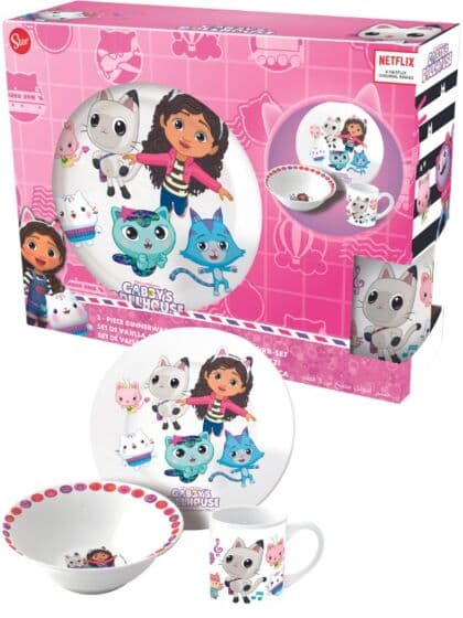 Gabbys Dukkehus servise - frokostsett i keramikk - tallerken, skål og kopp