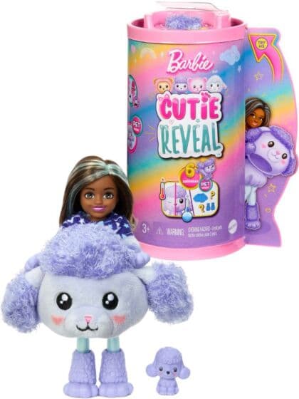 Barbie Cutie Reveal Puddel Chelsea dukke med lilla hundekostyme og kjæledyr - 6 overraskelser