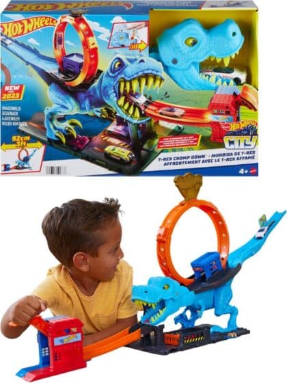 Hot Wheels City T-Rex Chomp Down loop med en lekebil