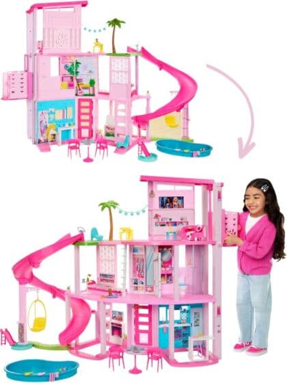 Barbie Dreamhouse dukkehus med 3 etasjer, sklie, møbler og tilbehør