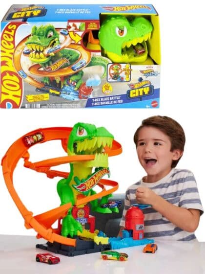 Hot Wheels T-Rex brannstasjon bilbane med metallbil