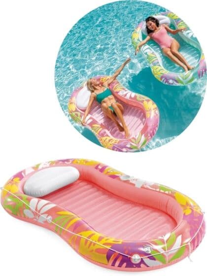 Intex Tropical Oasis oppblåsbar bademadrass med ryggpute - rosa