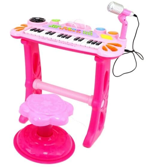 Keyboard med mikrofon og krakk - morsomme lyder og tangenter - rosa og hvit